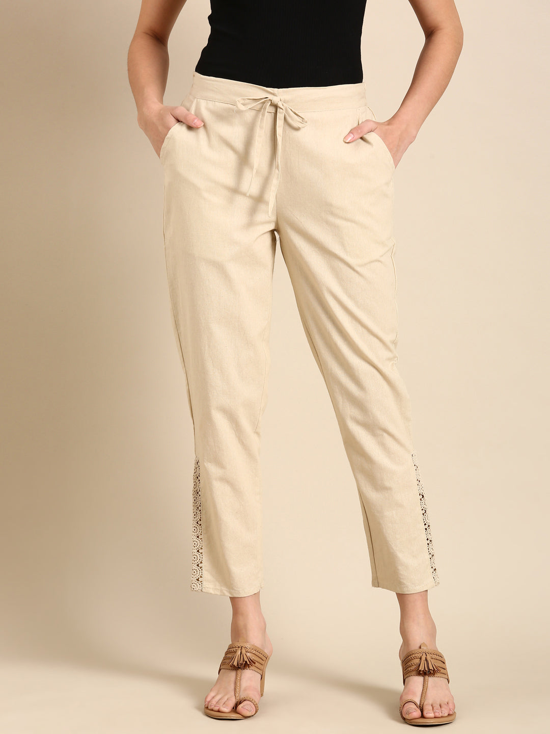 Beige Side Chikan Pants