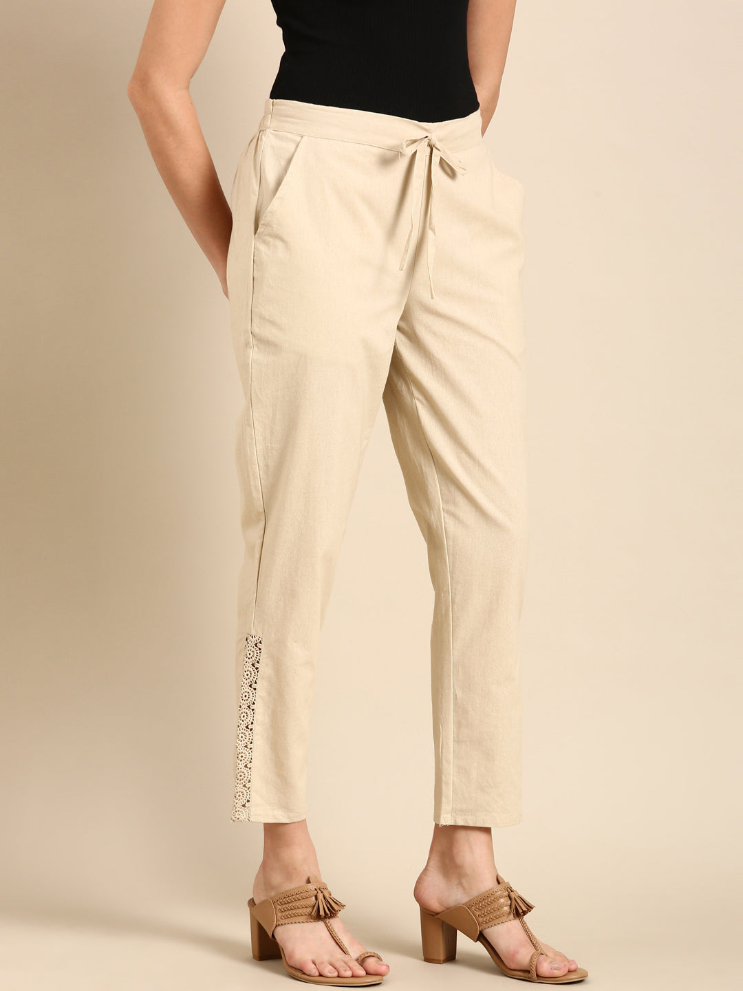Beige Side Chikan Pants